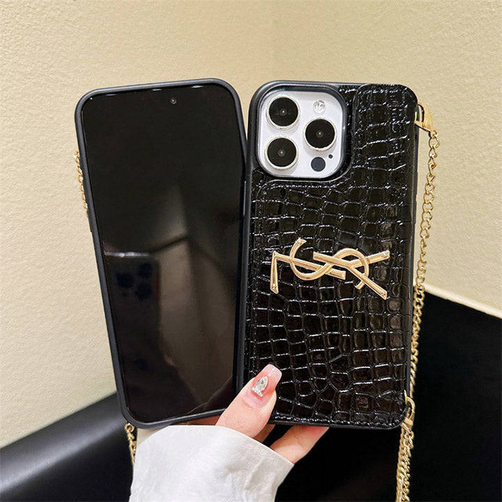 Metal Logo Leather Card Chain Case