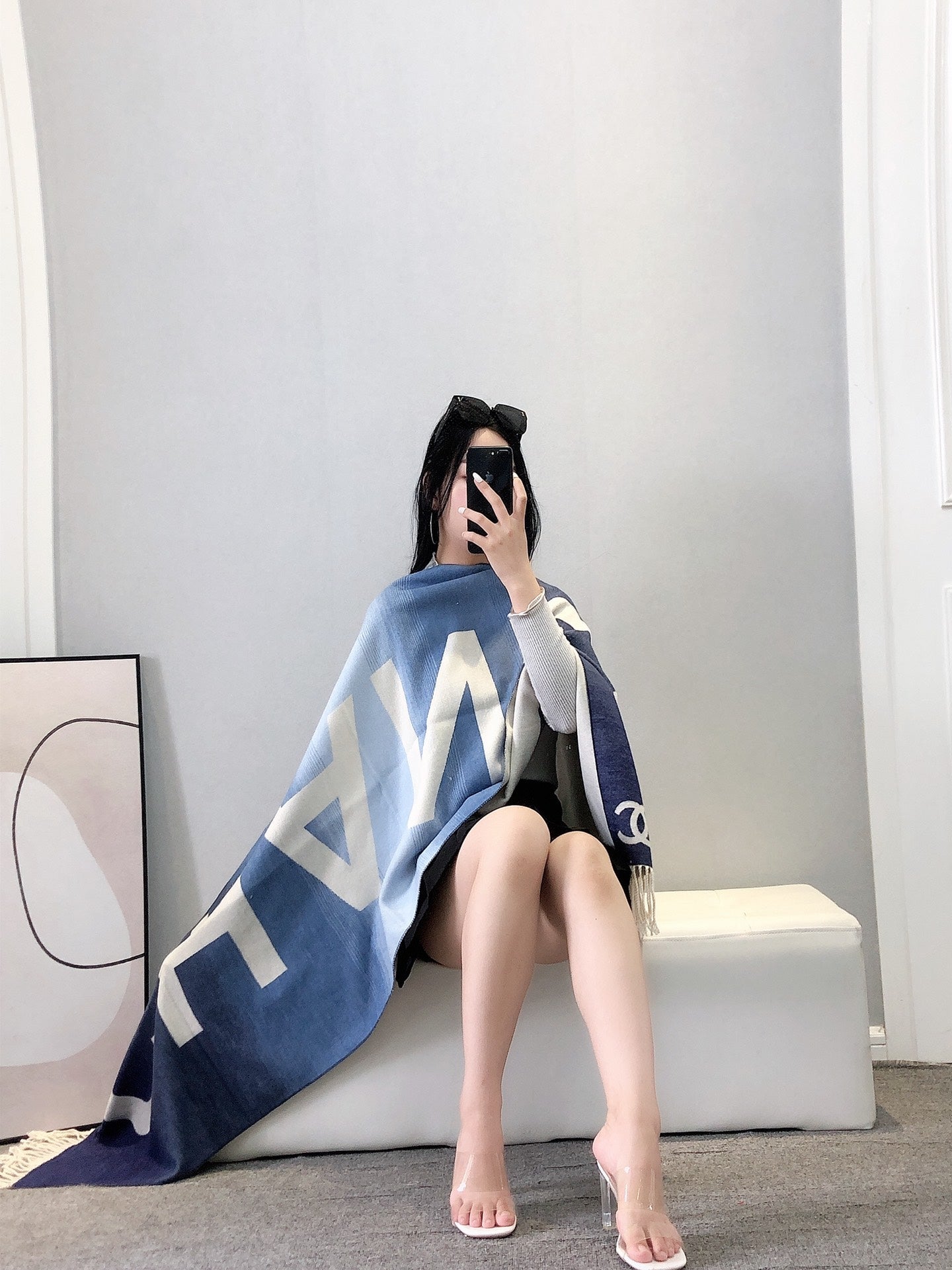 Gradient Oversized Logo Fringe Scarf Shawl