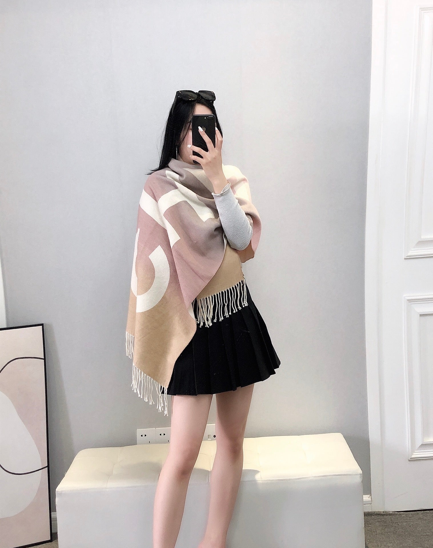 Gradient Oversized Logo Fringe Scarf Shawl