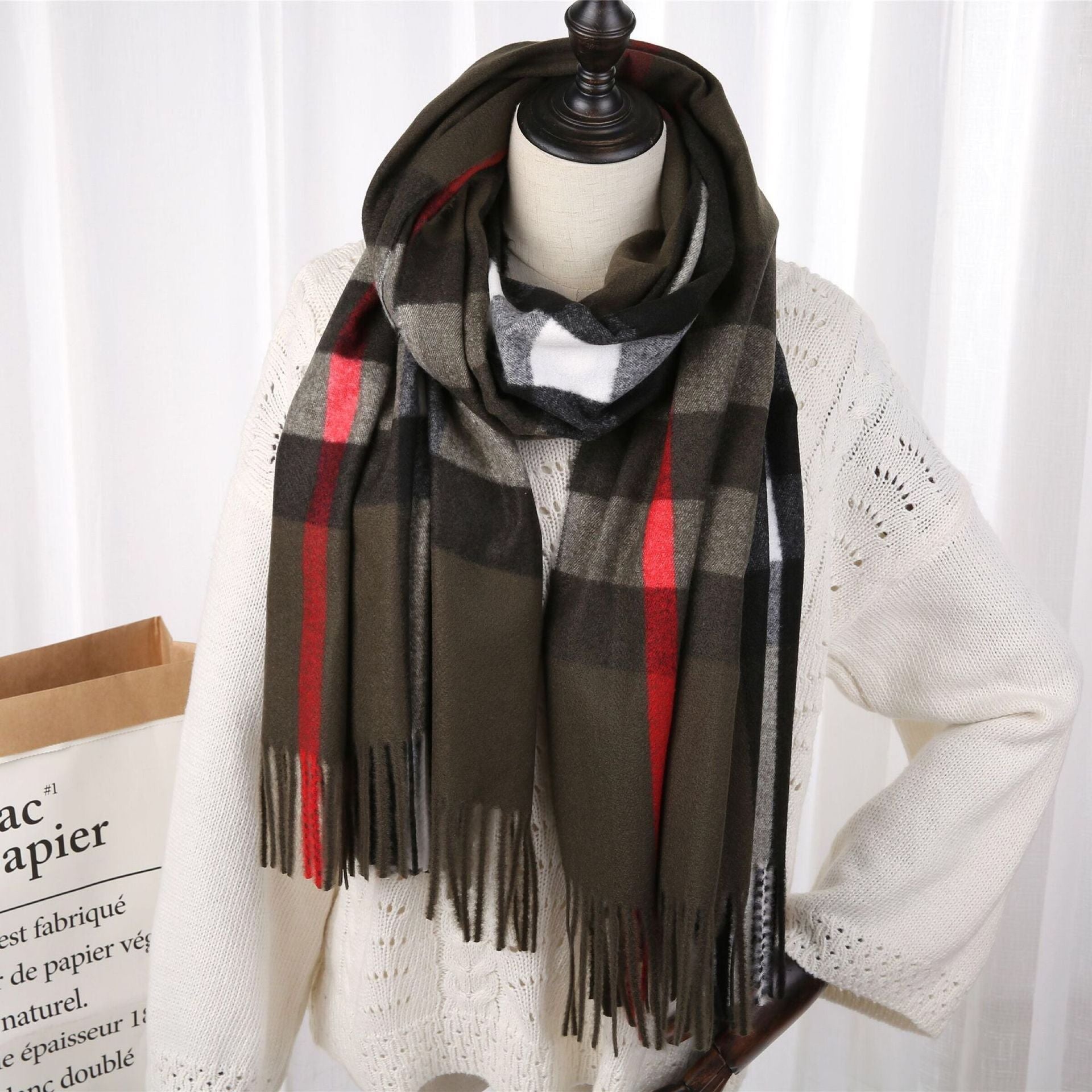 2022 New Checked Cashmere Tassel Scarf