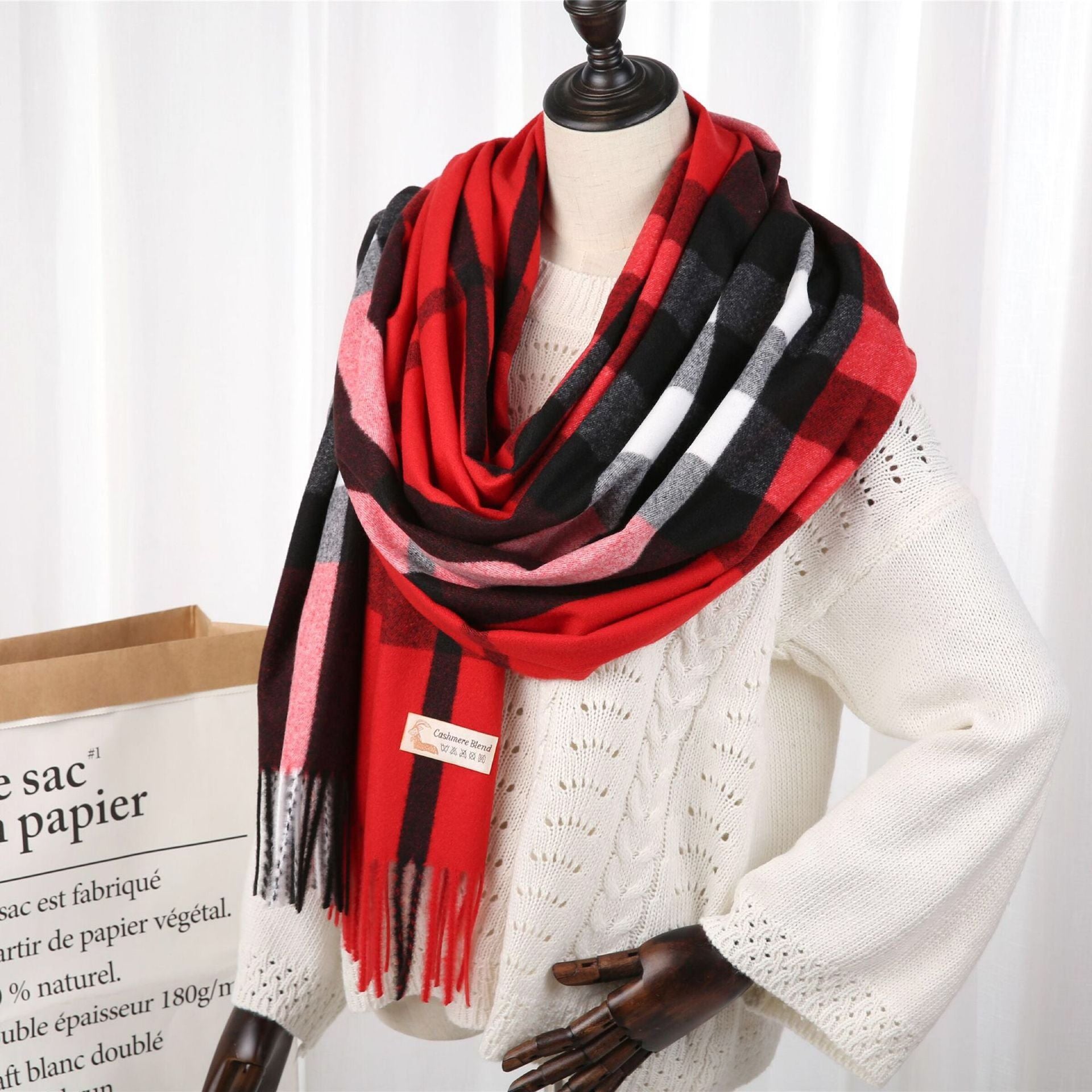 2022 New Checked Cashmere Tassel Scarf