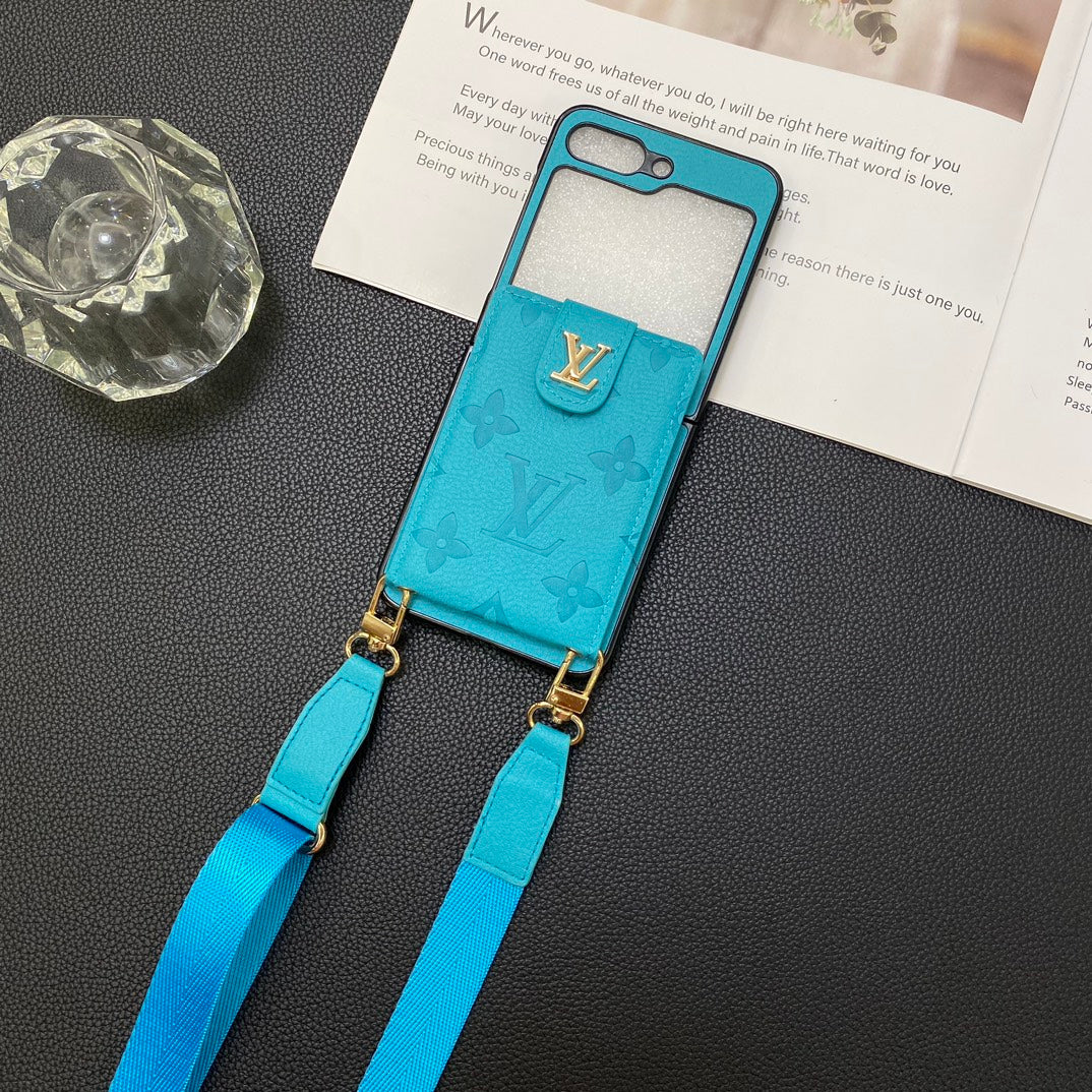 Embossed Leather Card Holder Lanyard Case for Galaxy Z Flip