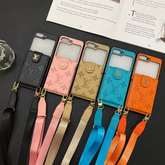 Embossed Leather Card Holder Lanyard Case for Galaxy Z Flip