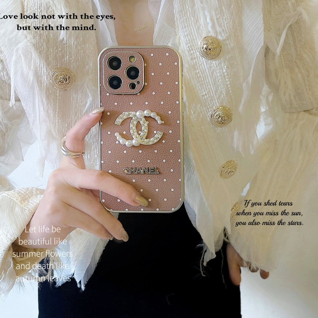 Ostrich pattern leather rhinestone case