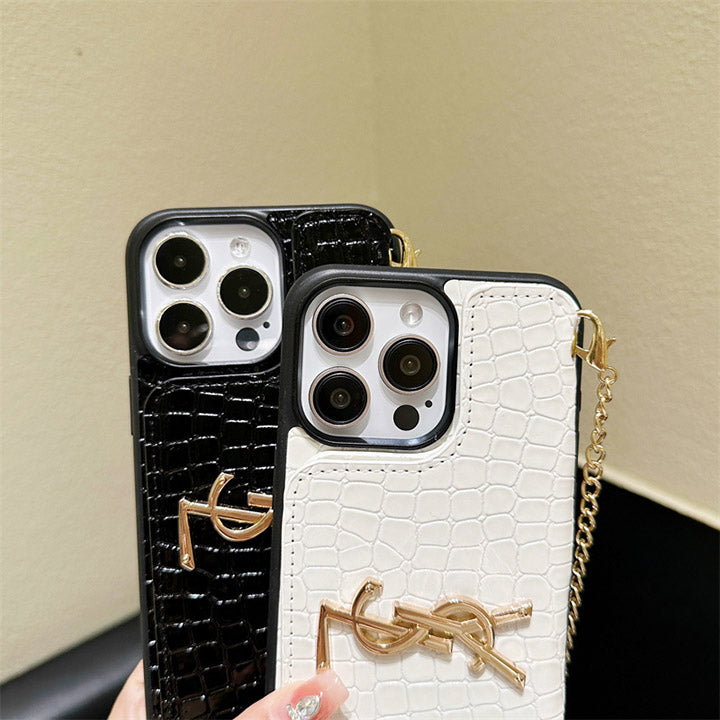 Metal Logo Leather Card Chain Case