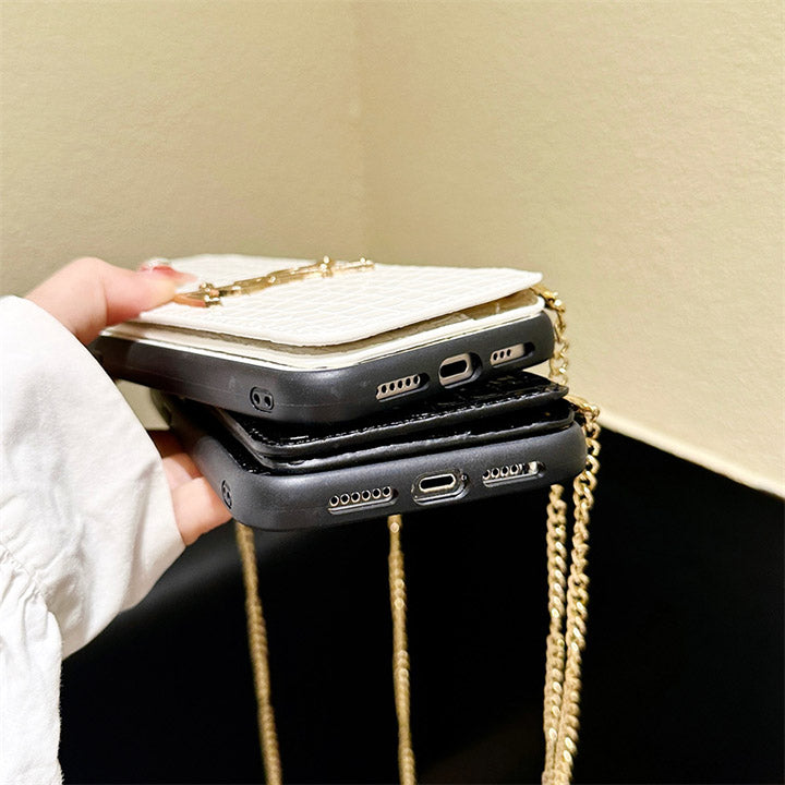 Metal Logo Leather Card Chain Case