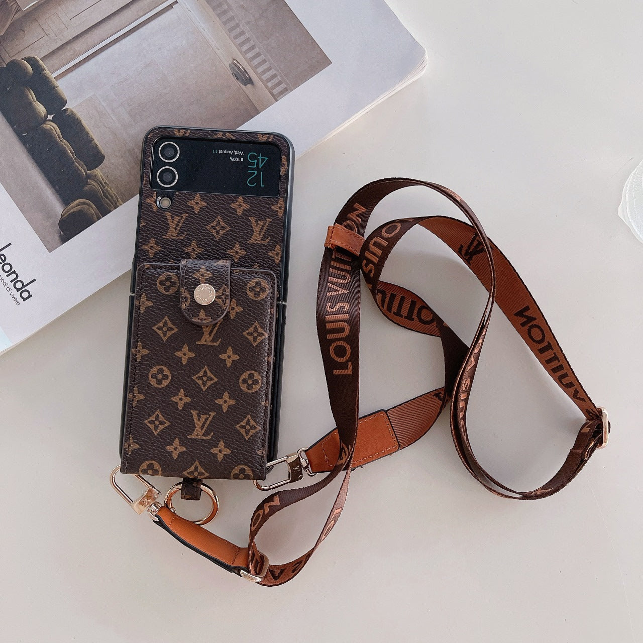 Leather Ring Card Holder Lanyard Case for Galaxy Z Flip